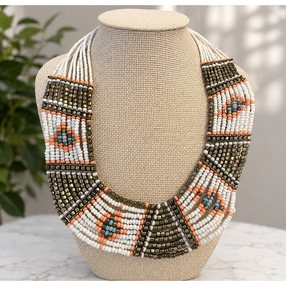 Beaded Statement Collar Necklace White Coral Bronze Boho Southwestern